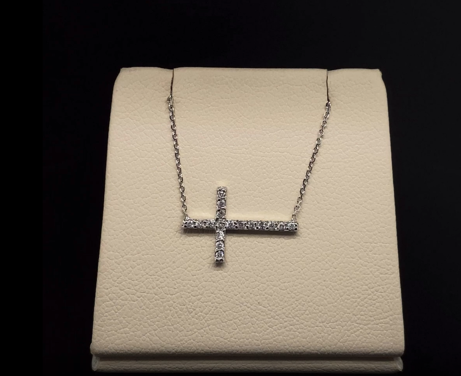 14K White Gold Diamond Sideways Cross