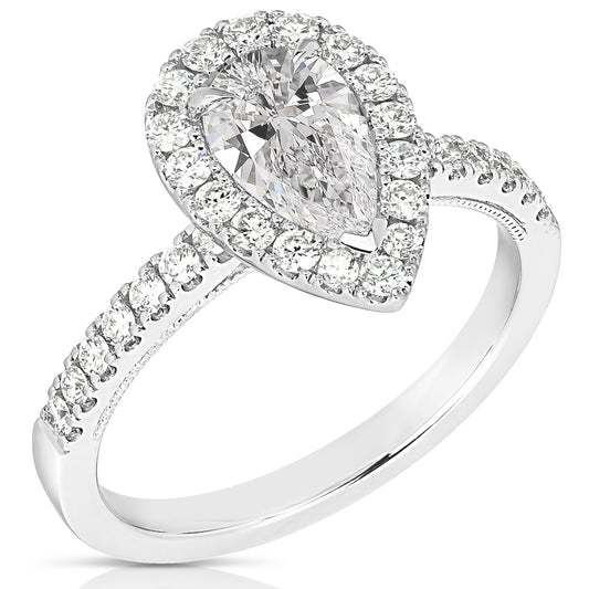 1 1/2 CT CENTER PEAR SHAPE HALO LAB GROWN ENGAGEMENT RING